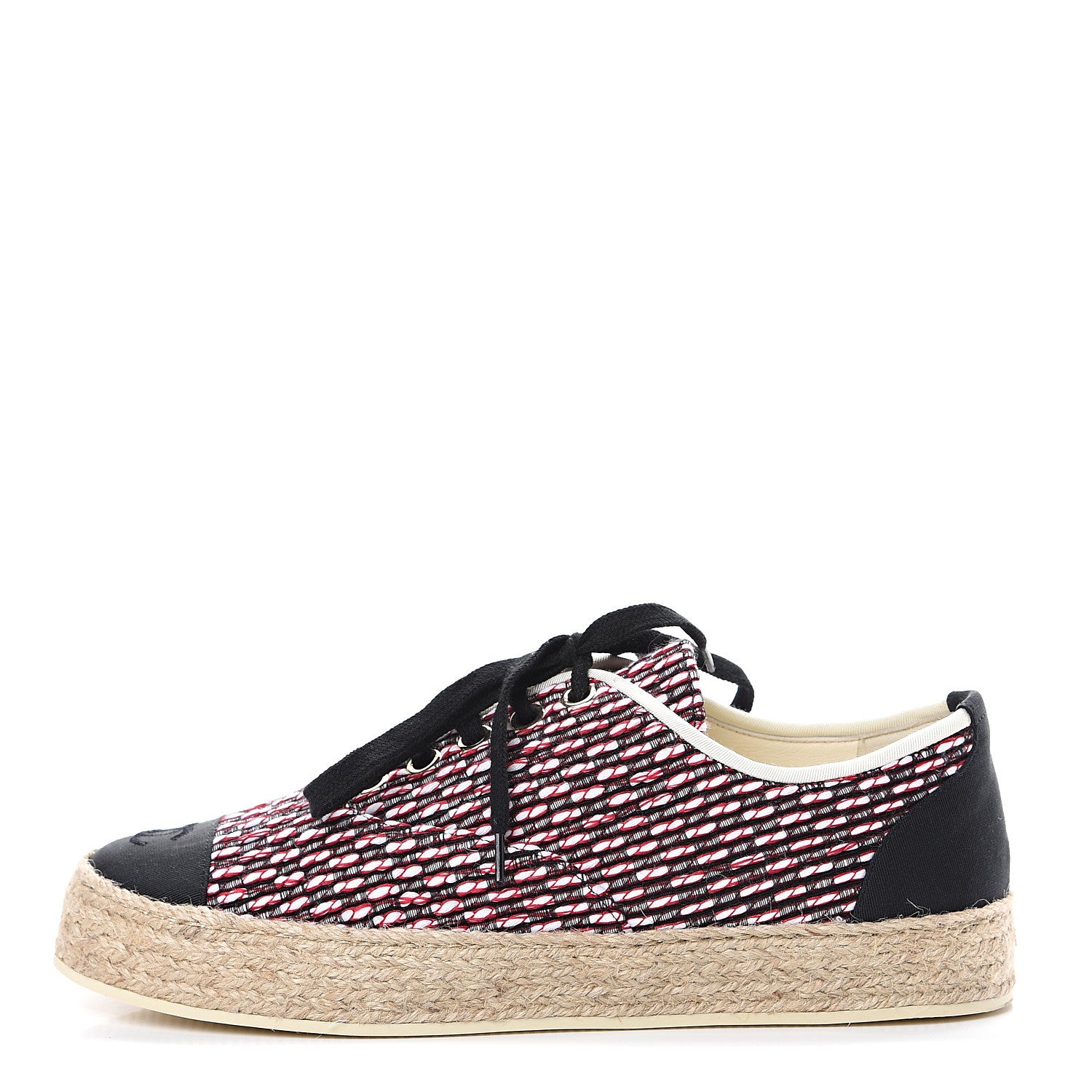 Chanel Tweed Grosgrain Lace Up Espadrilles 37 Red White Black 1 of 8