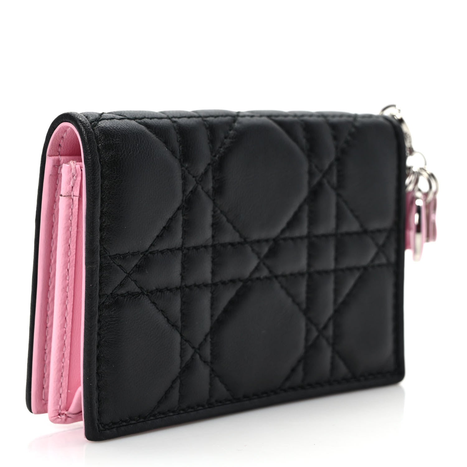 Christian Dior Lambskin Cannage Bi-color Small Lady Dior Flap Card Holder Black Pink 3 of 8