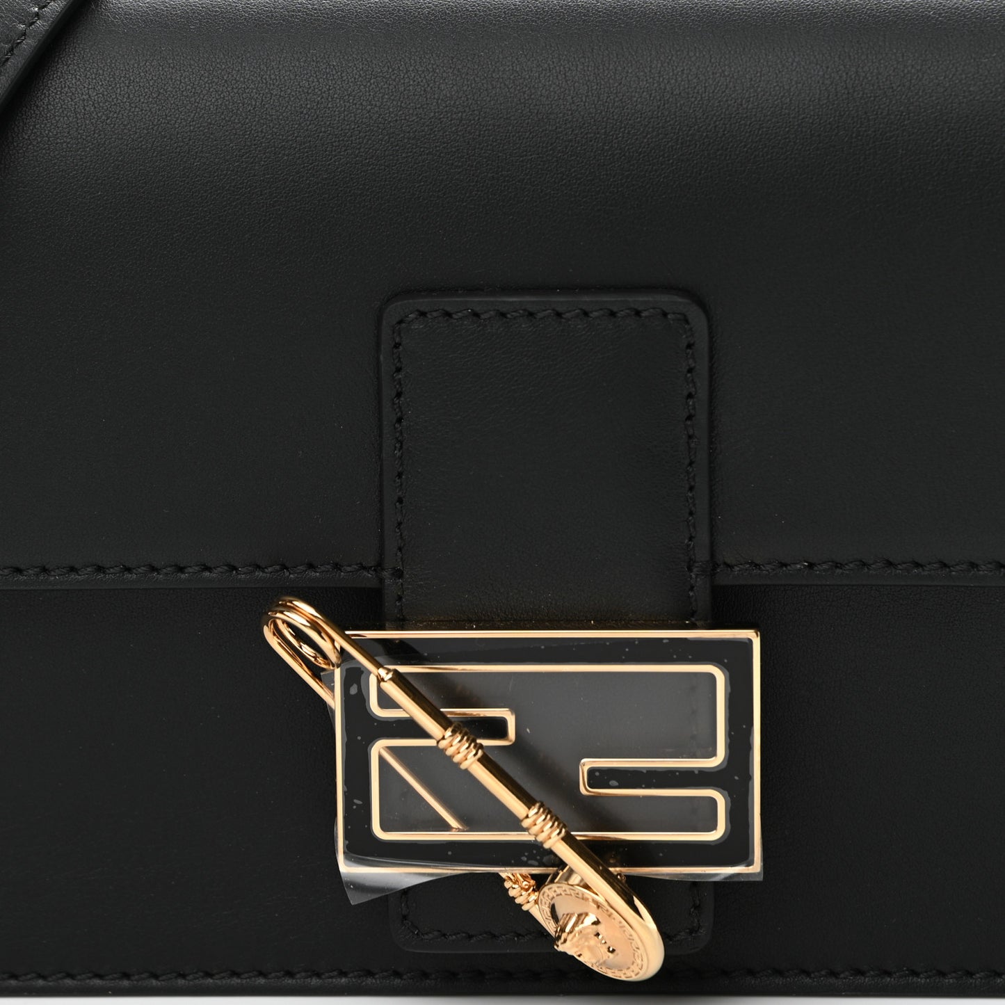 X VERSACE Vitello Seta Fendace Brooch Baguette Black