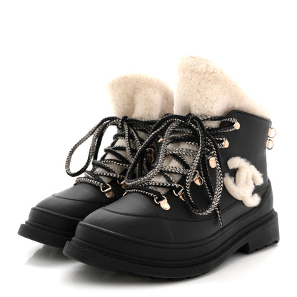 Chanel Calfskin Shearling CC Lace Up Boots 38.5 Black 4 of 9