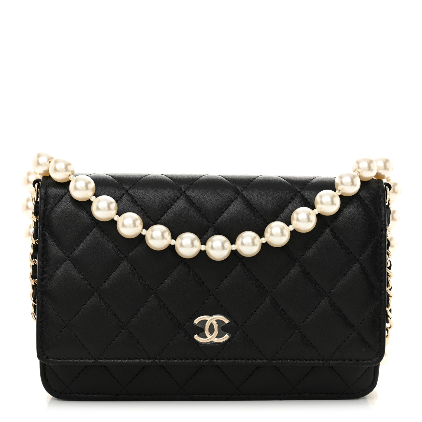 Lambskin Quilted Pearl Wallet On Chain WOC Black