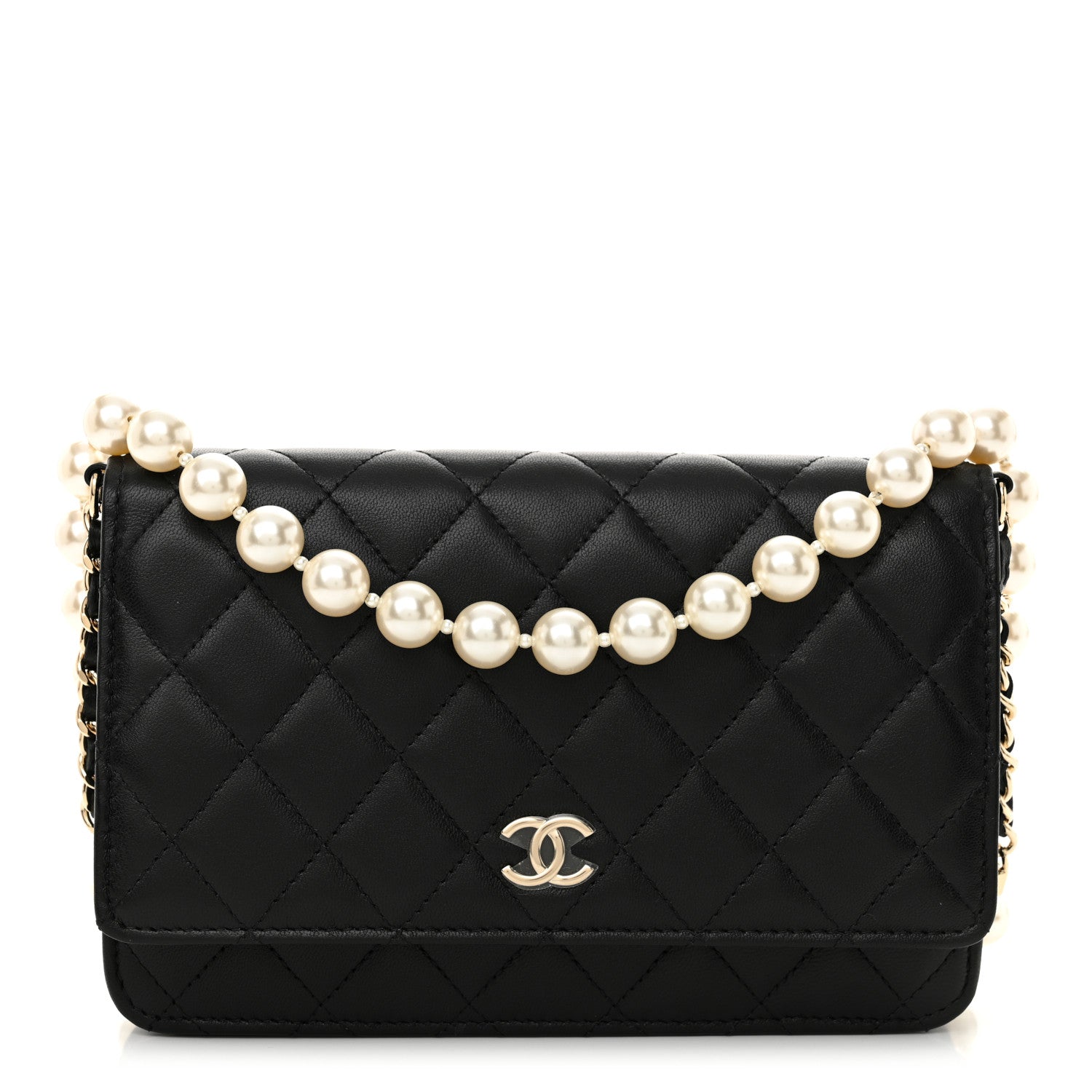 Chanel Lambskin Quilted Pearl Wallet On Chain WOC Black 1 of 11