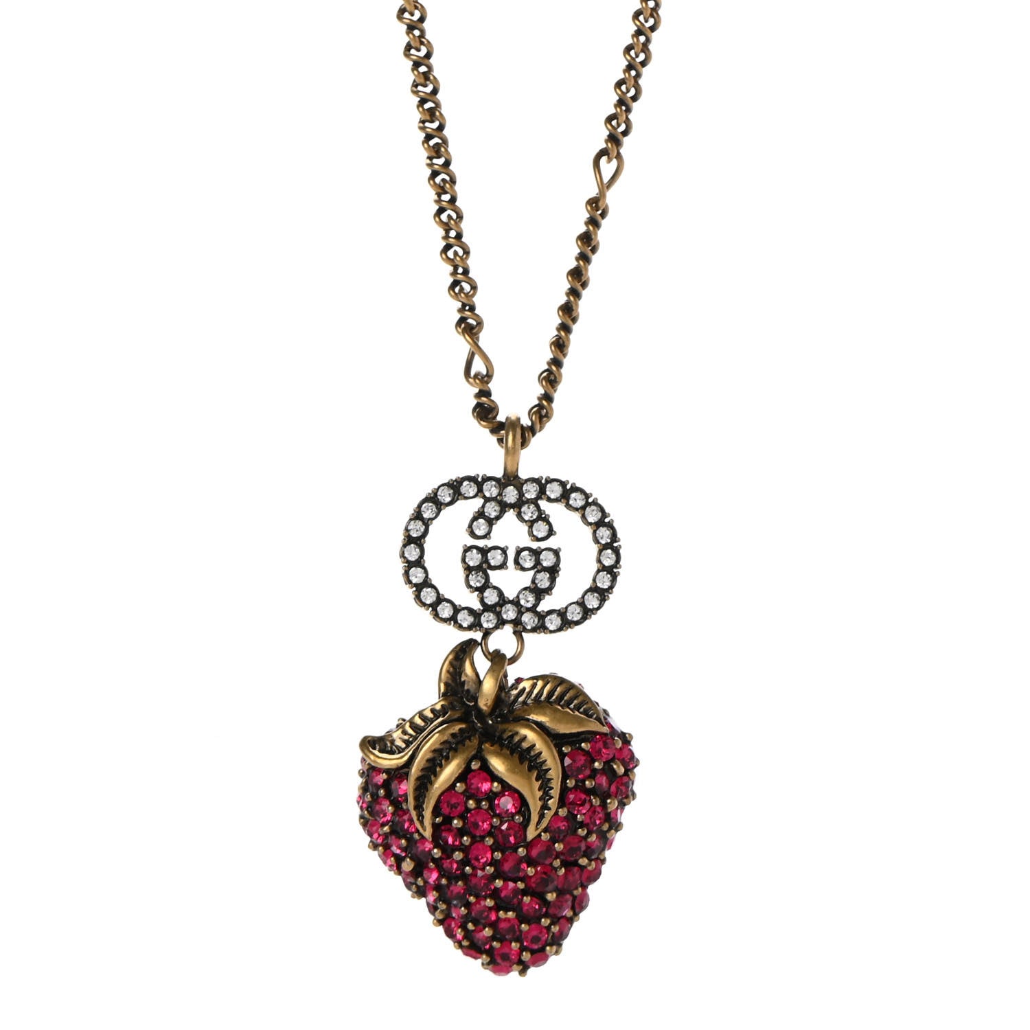 Gucci Crystal Embellished Strawberry Necklace Red Aged Gold 4 of 10