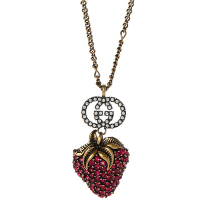 Gucci Crystal Embellished Strawberry Necklace Red Aged Gold 4 of 10