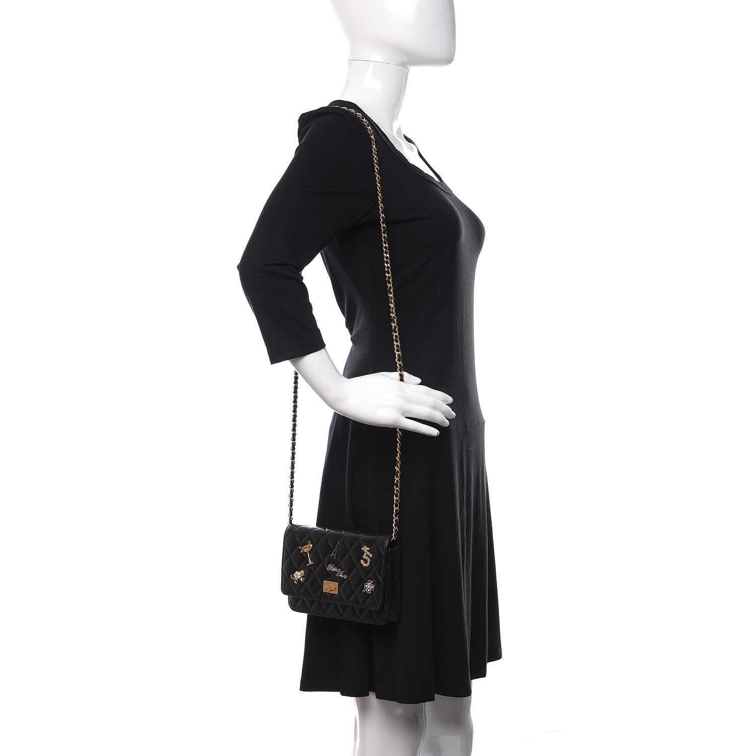 Chanel Aged Calfskin Quilted Lucky Charms 2.55 Reissue Wallet On Chain WOC Black 2 of 12