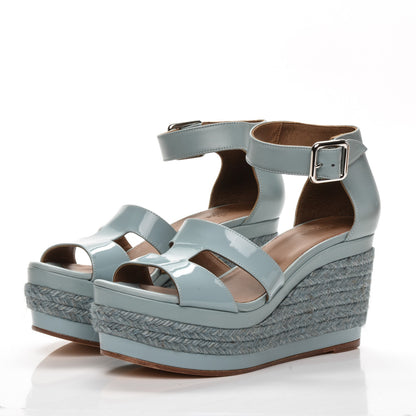 Hermes Patent Calfskin Ilana Espadrille Wedge Sandals 37 Ciel 2 of 6