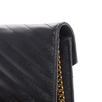 Saint Laurent Grain De Poudre Matelasse Chevron Monogram Envelope Chain Wallet Black 13 of 20