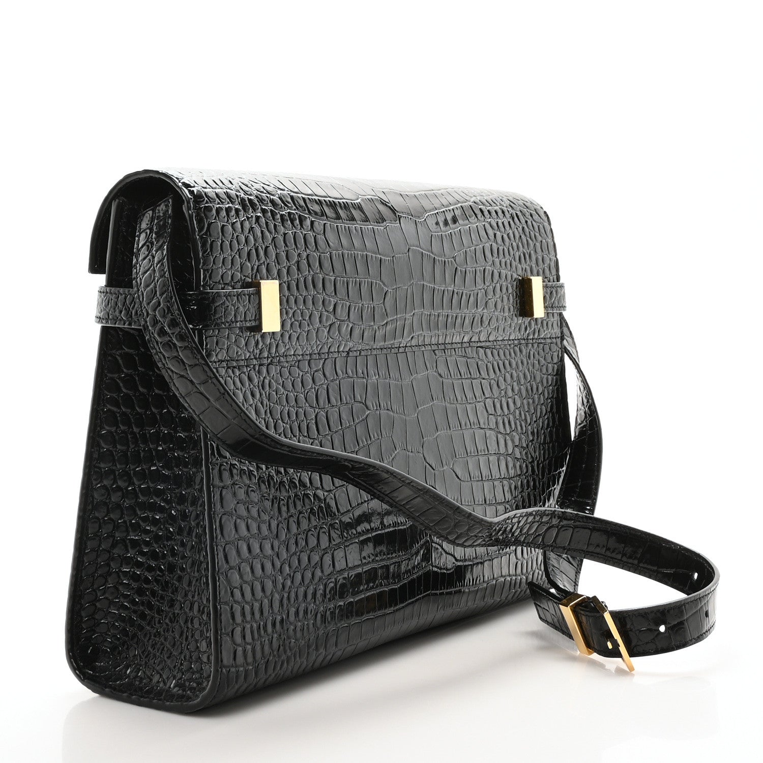 Saint Laurent Shiny Calfskin Crocodile Embossed Manhattan Baguette Black 3 of 10