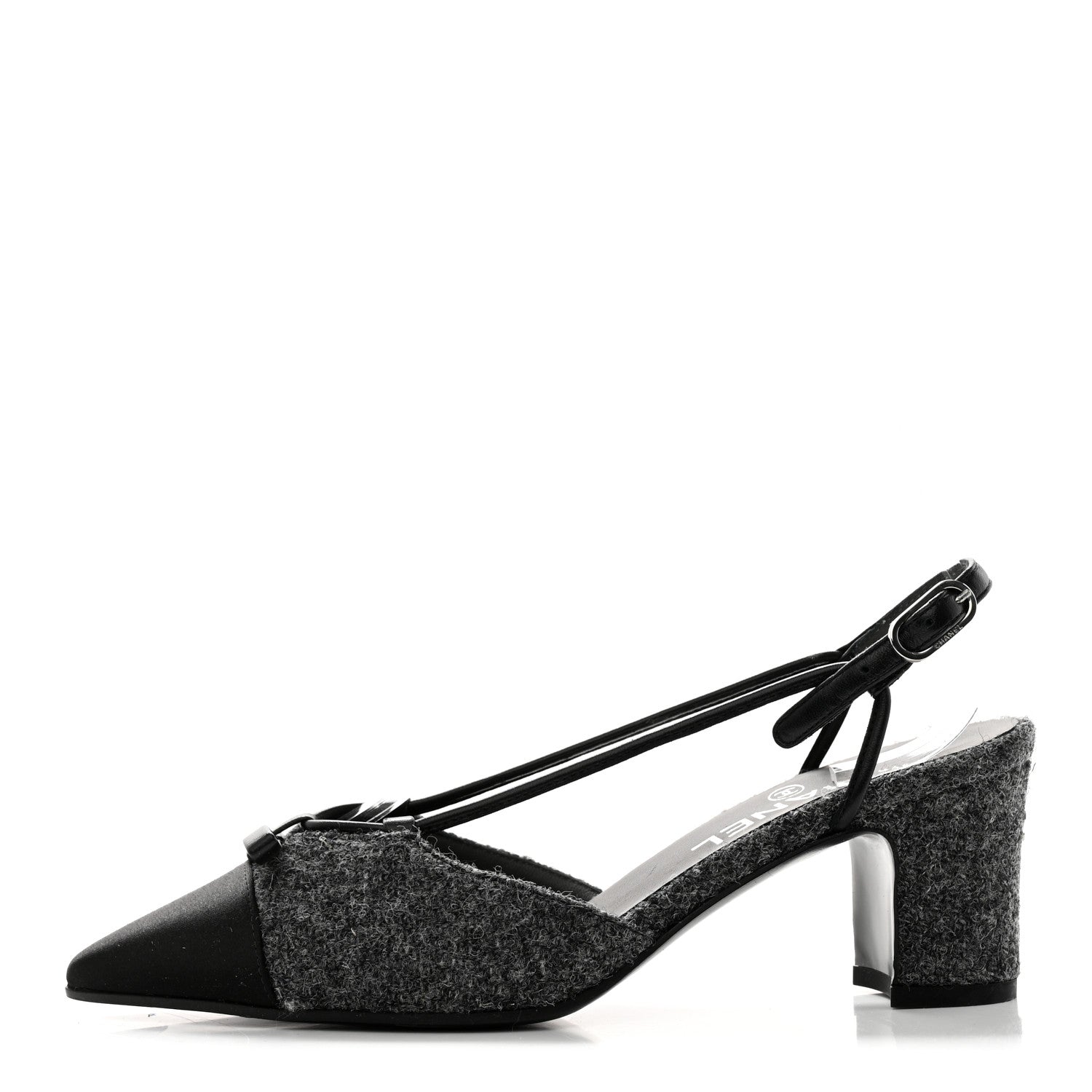 Chanel Tweed Satin Slingback Cap Toe Bow Pumps 36.5 Grey Black 1 of 9