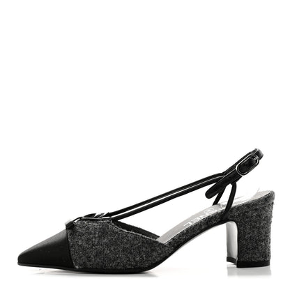 Chanel Tweed Satin Slingback Cap Toe Bow Pumps 36.5 Grey Black 1 of 9