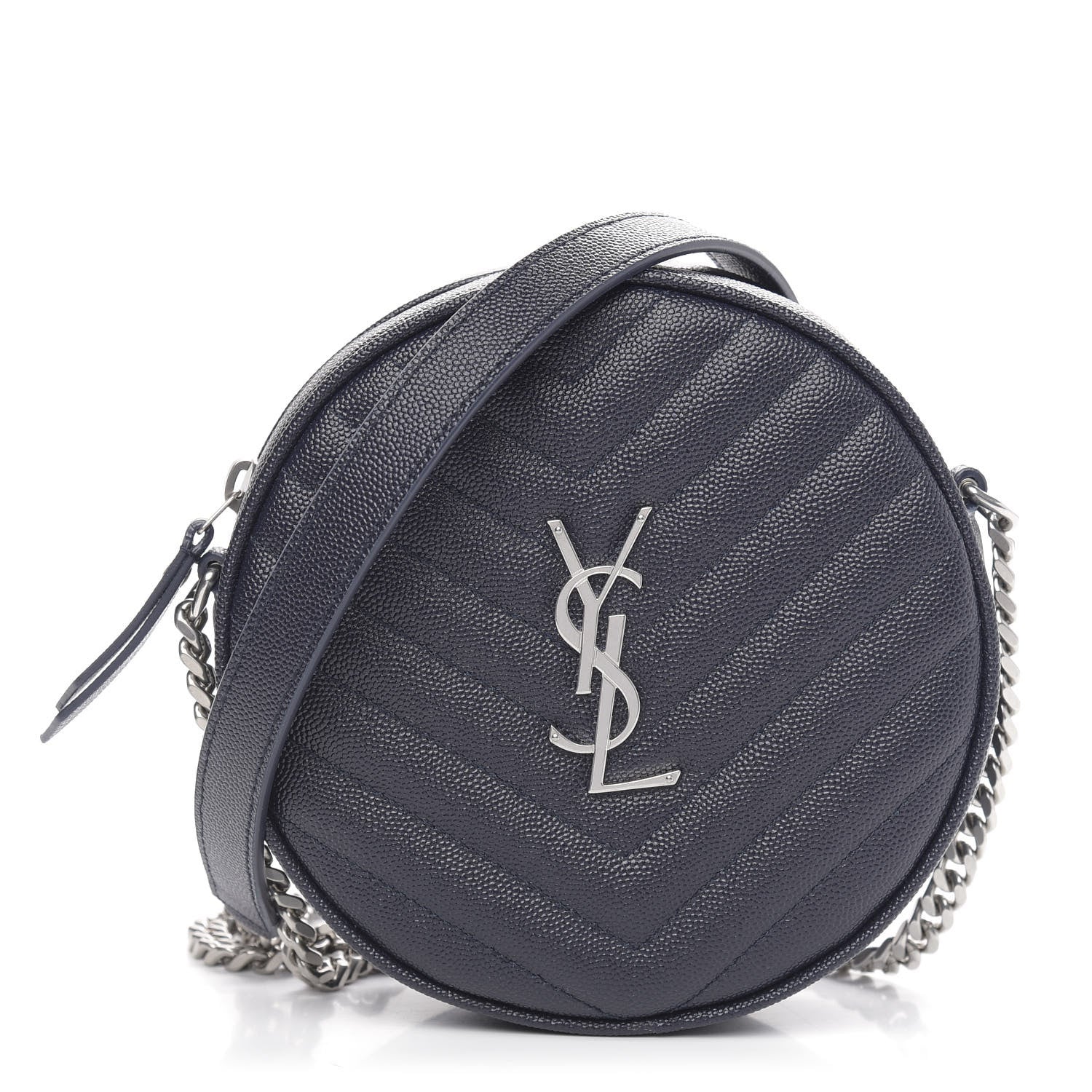 Saint Laurent Grain De Poudre Matelasse Chevron Quilted Round Vinyle Camera Bag Deep Marine 1 of 8