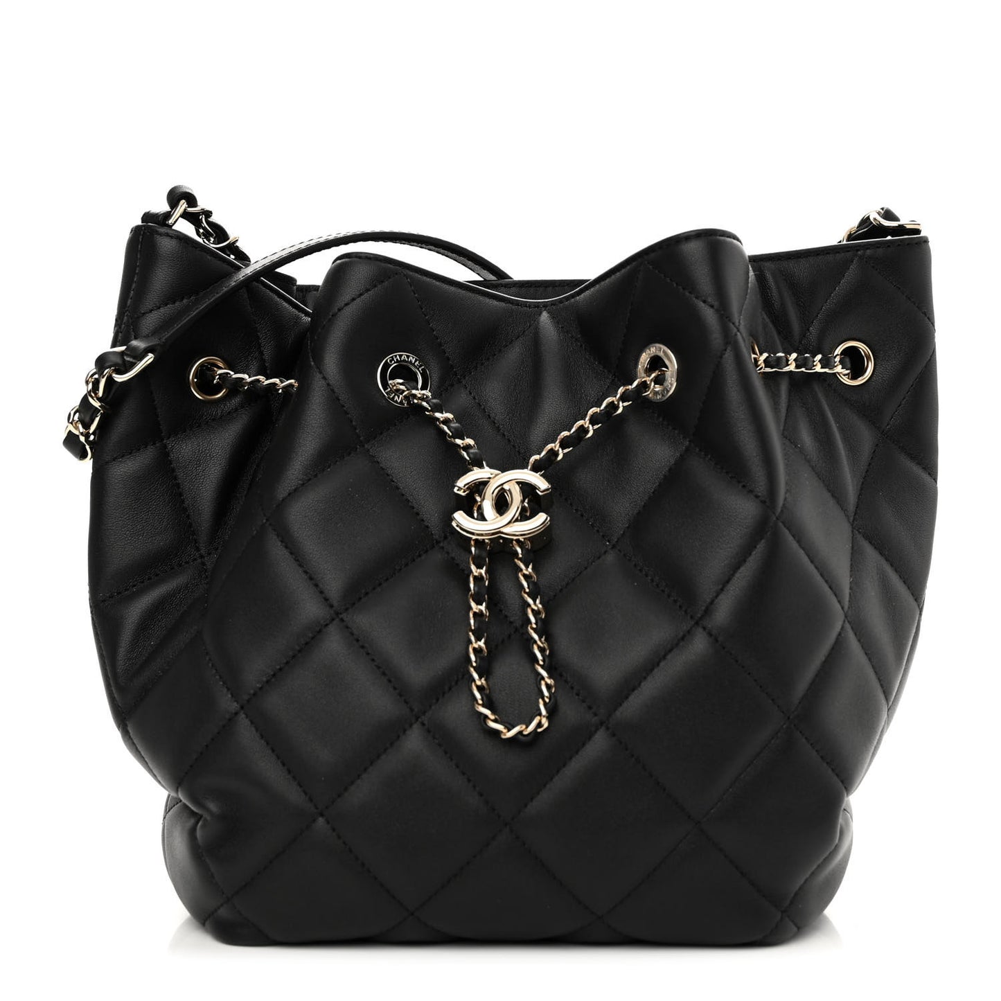 Lambskin Quilted CC Dweller Drawstring Bucket Bag Black