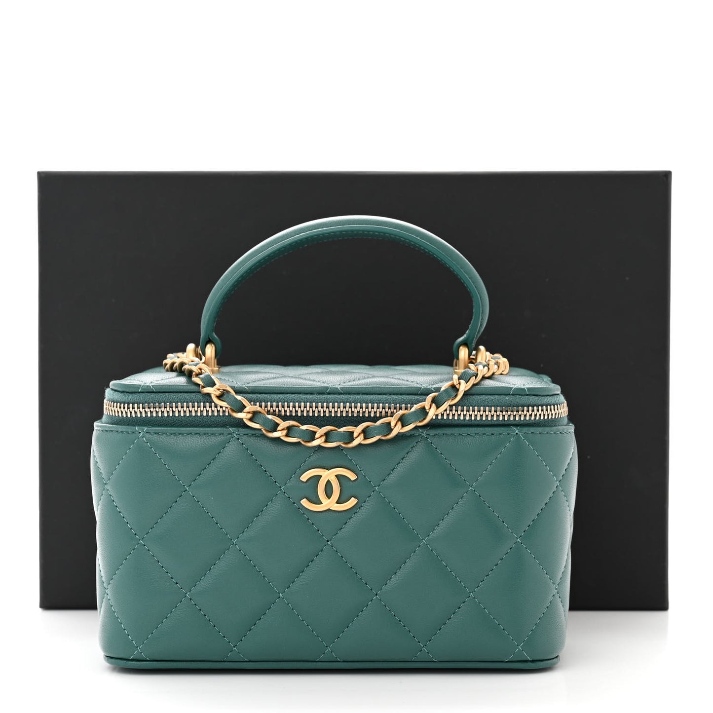 Lambskin Quilted Small Top Handle Vanity Case With Chain Green