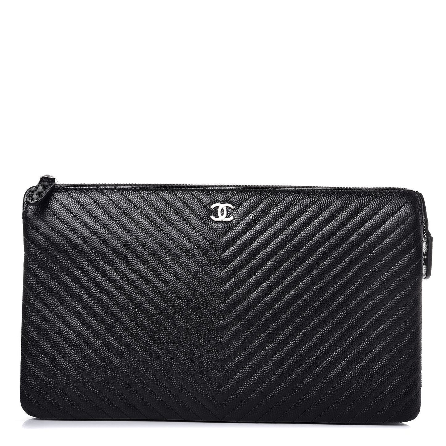 Caviar Chevron Quilted Large Zipped Clutch Black