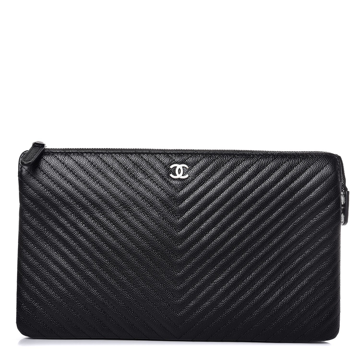 Chanel Caviar Chevron Quilted Large Zipped Clutch Black 1 of 8