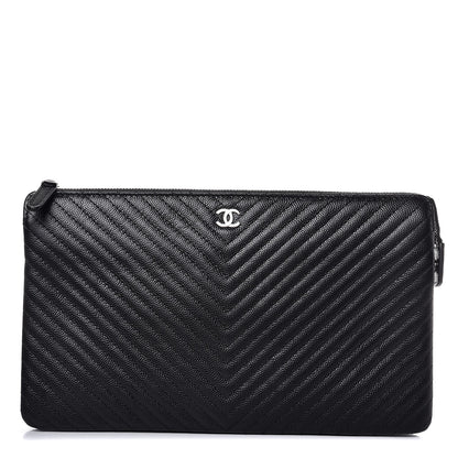 Chanel Caviar Chevron Quilted Large Zipped Clutch Black 1 of 8