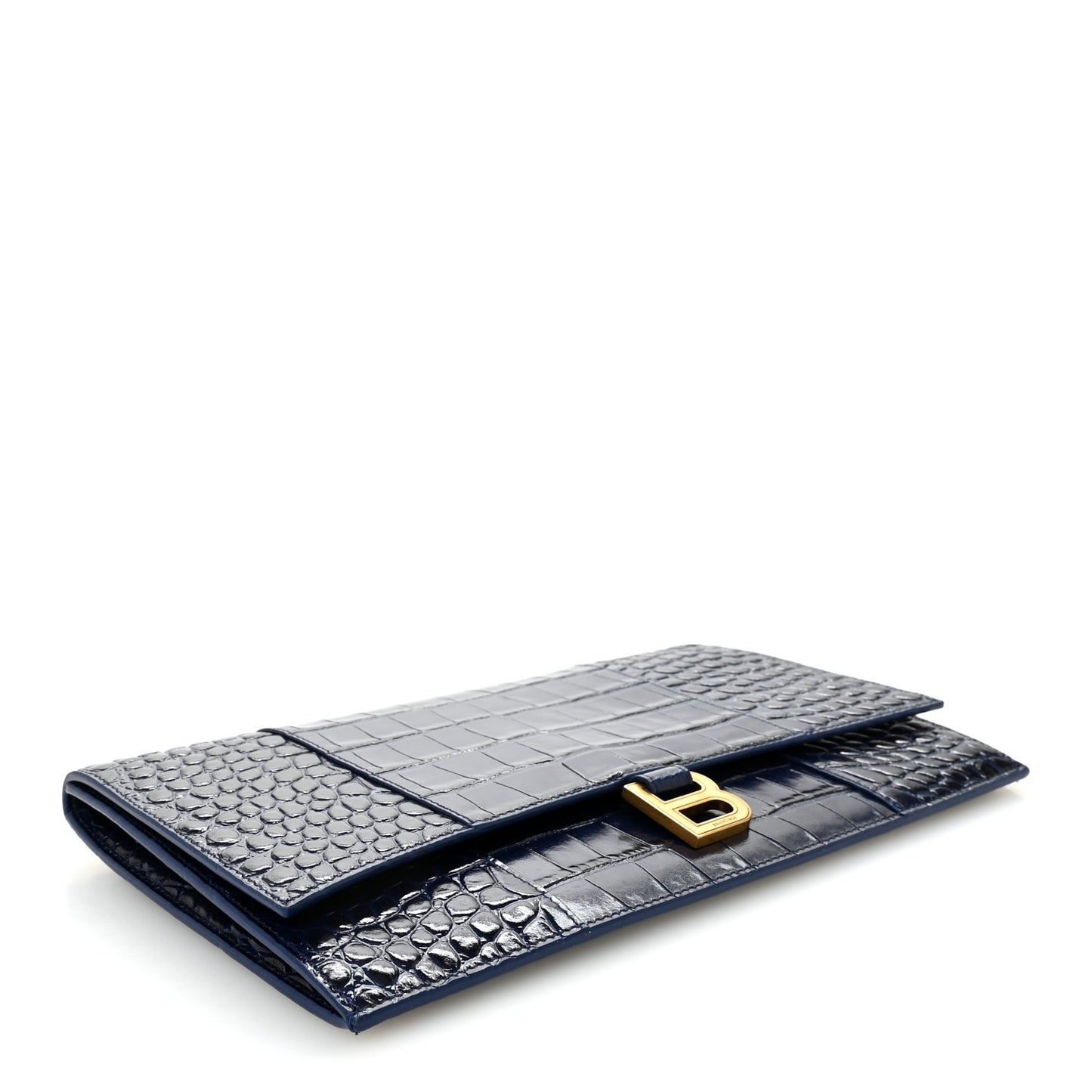 Shiny Calfskin Crocodile Embossed Hourglass Flap Flat Pouch Navy Blue
