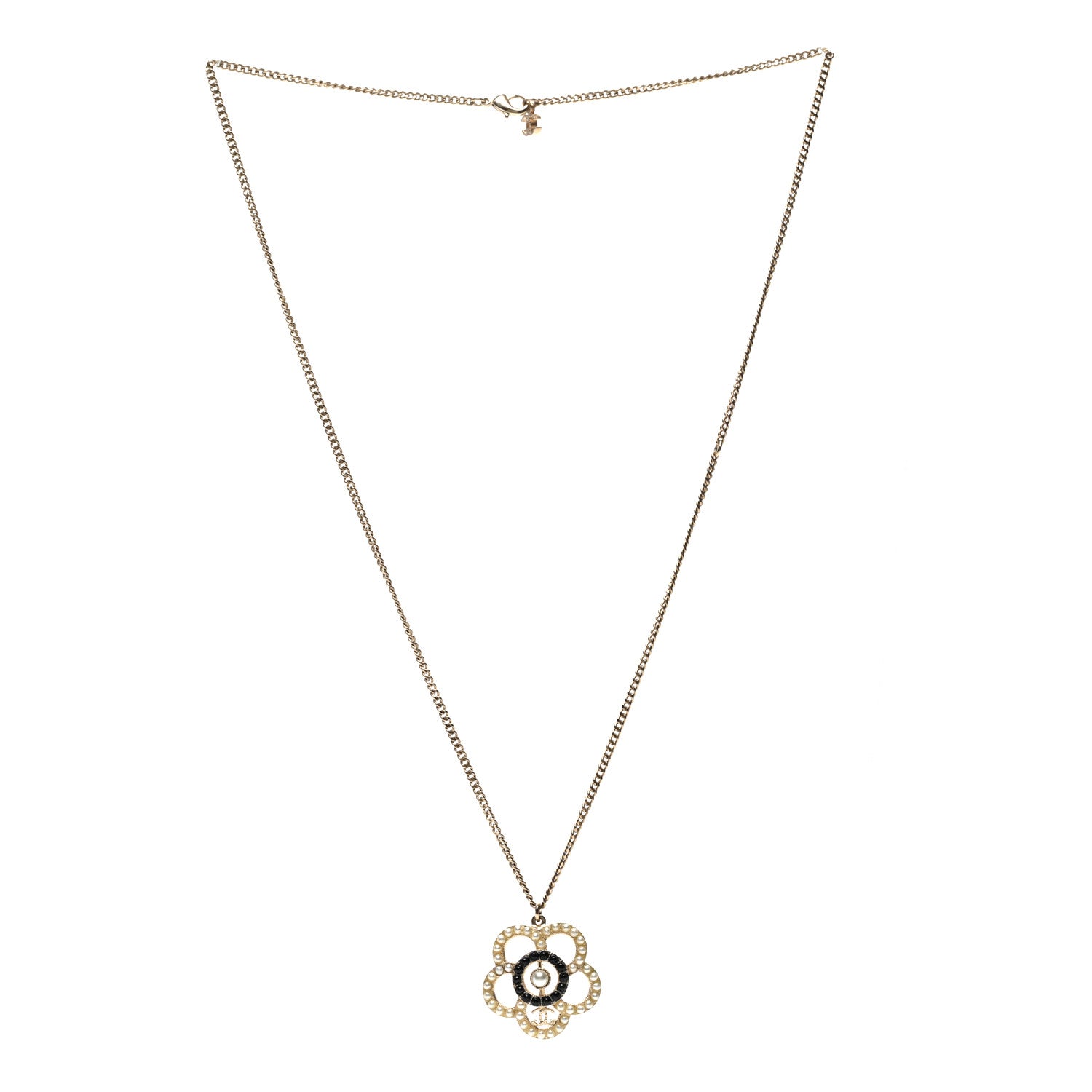 Chanel Crystal Pearl Camellia Necklace Gold Black 3 of 6