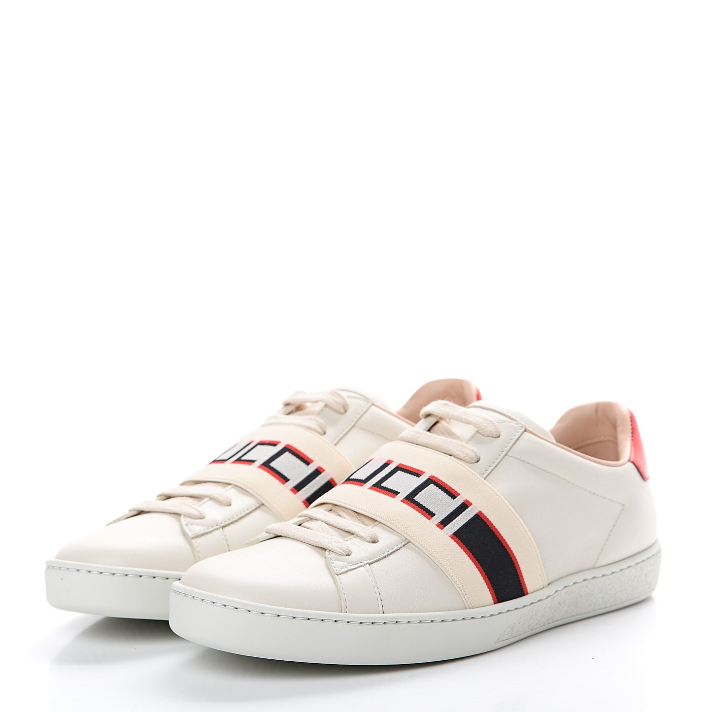 Calfskin Stripe Womens New Ace Sneakers 37.5 New Mystic White Ecru Red Flame