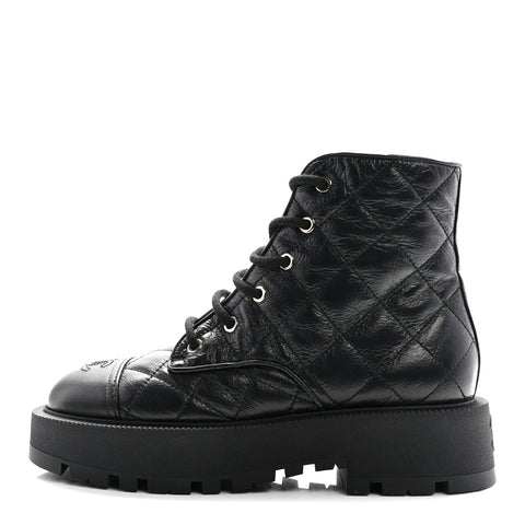 Crumpled Lambskin Quilted Platform Lace Up Combat Boots 39 Black