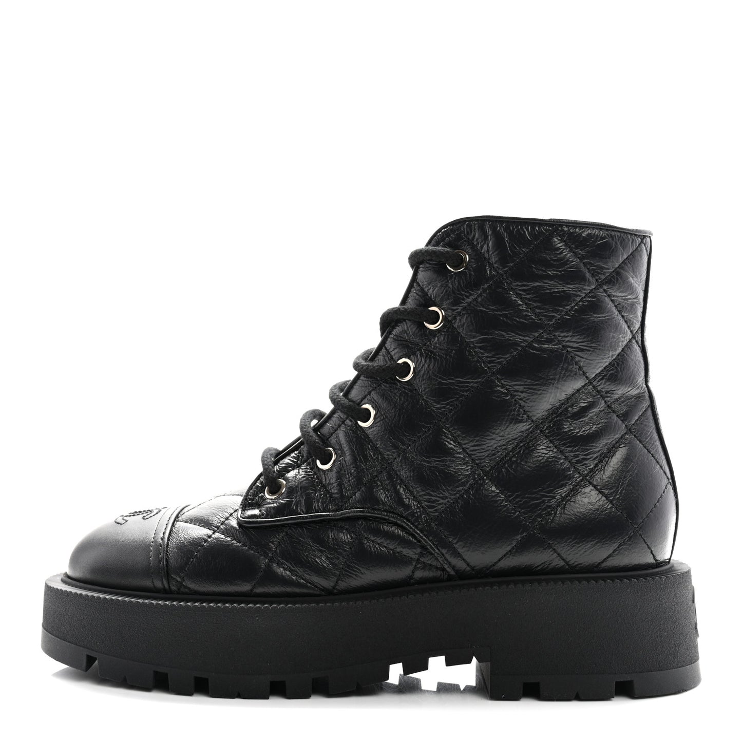 Crumpled Lambskin Quilted Platform Lace Up Combat Boots 39 Black