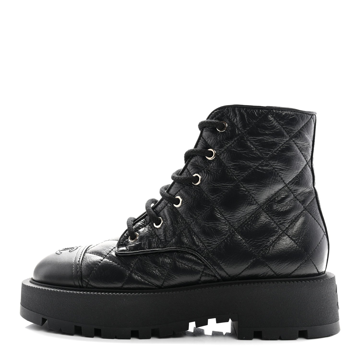 Chanel Crumpled Lambskin Quilted Platform Lace Up Combat Boots 39 Black 1 of 10