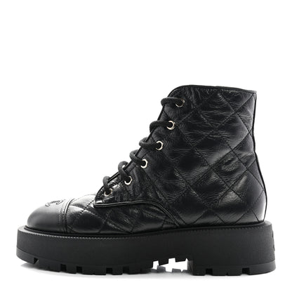 Chanel Crumpled Lambskin Quilted Platform Lace Up Combat Boots 39 Black 1 of 10