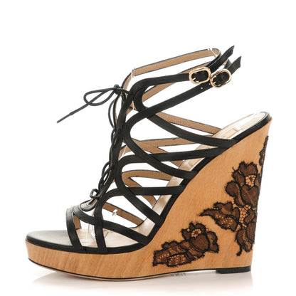 Valentino Garavani Calfskin Lace Applique Wood Wedge Sandals 40 Black 1 of 7