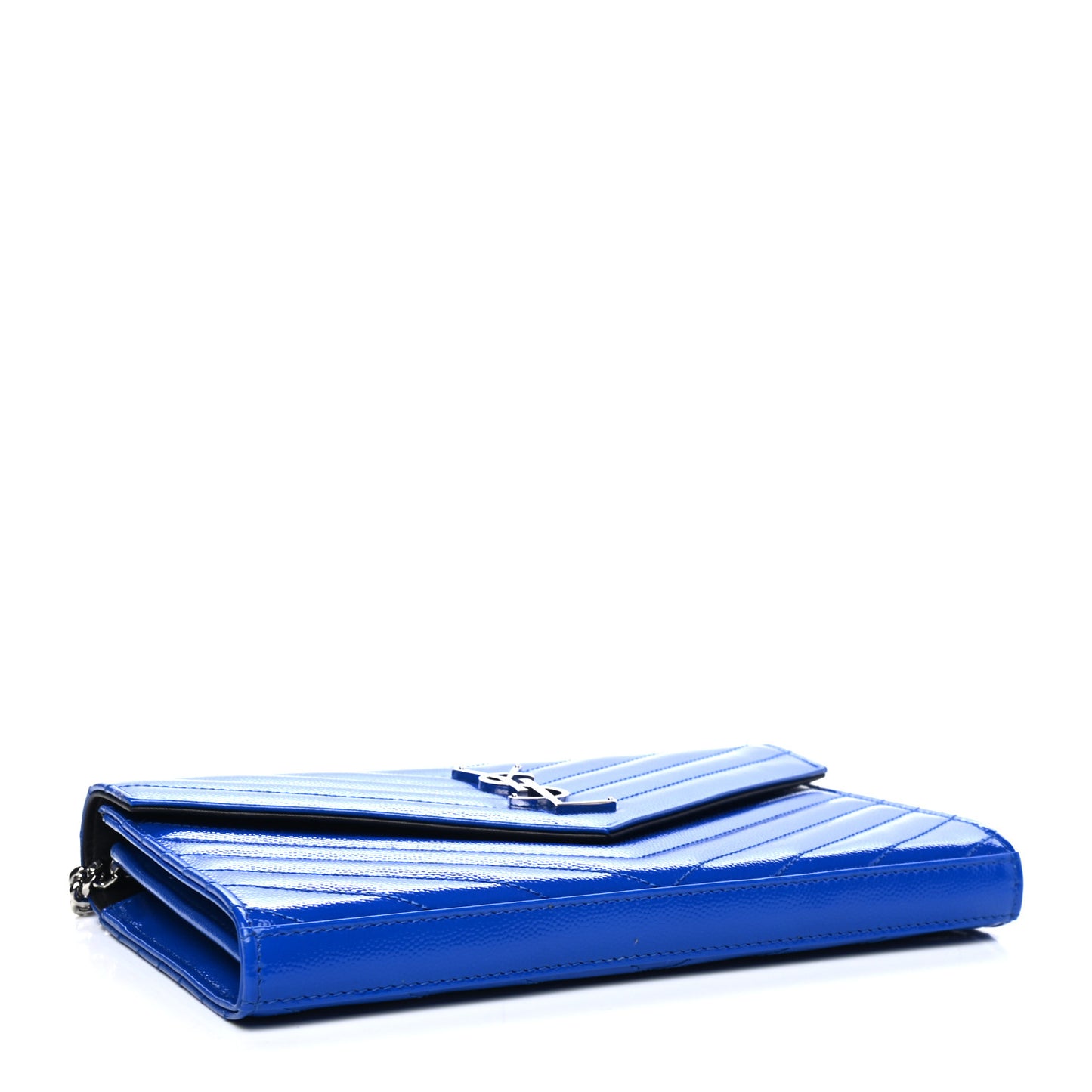 Patent Grain De Poudre Matelasse Chevron Monogram Chain Wallet Blue Majorelle