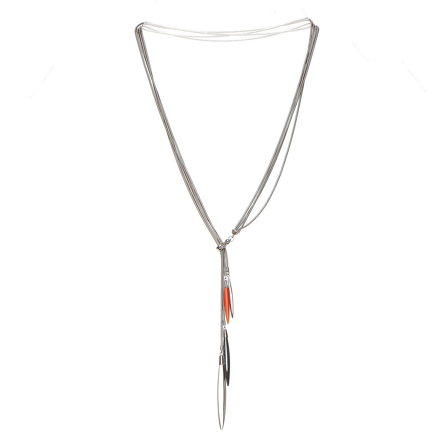 18k White Gold Hematite Carnelian Smoky Quartz Metal Feather Lariat Necklace