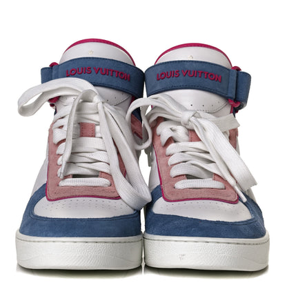 Louis Vuitton Sheepskin Embossed Suede Calfskin Womens Boombox High-Top Sneakers 38 White Denim Blue 2 of 4