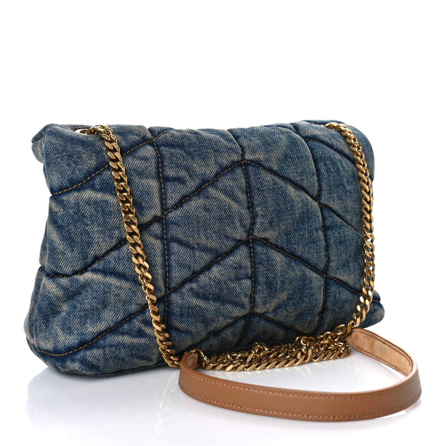 Denim Quilted Toy Loulou Puffer Monogram Chain Satchel Blue Cinnamon
