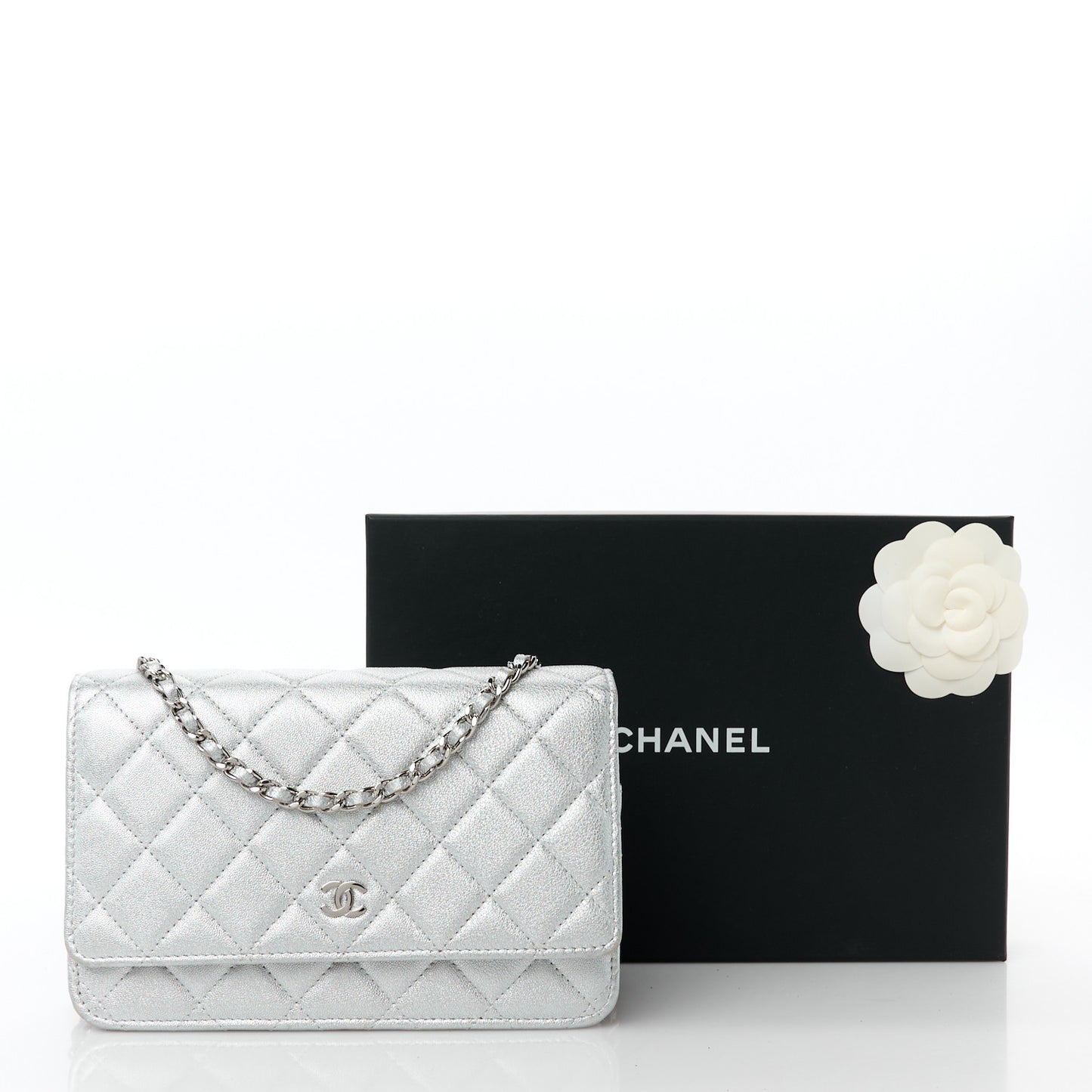 Metallic Lambskin Quilted Wallet On Chain WOC Silver