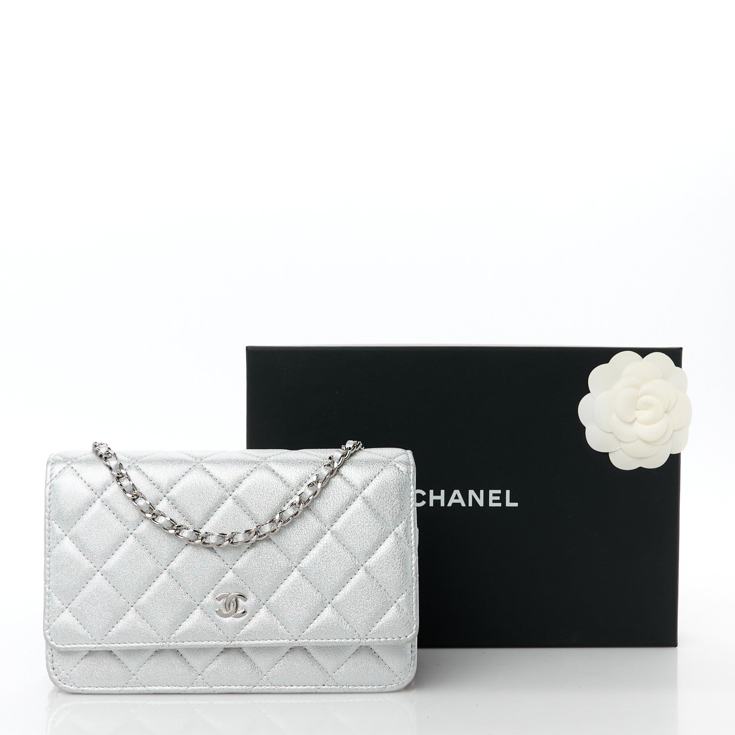 Chanel Metallic Lambskin Quilted Wallet On Chain WOC Silver 12 of 12