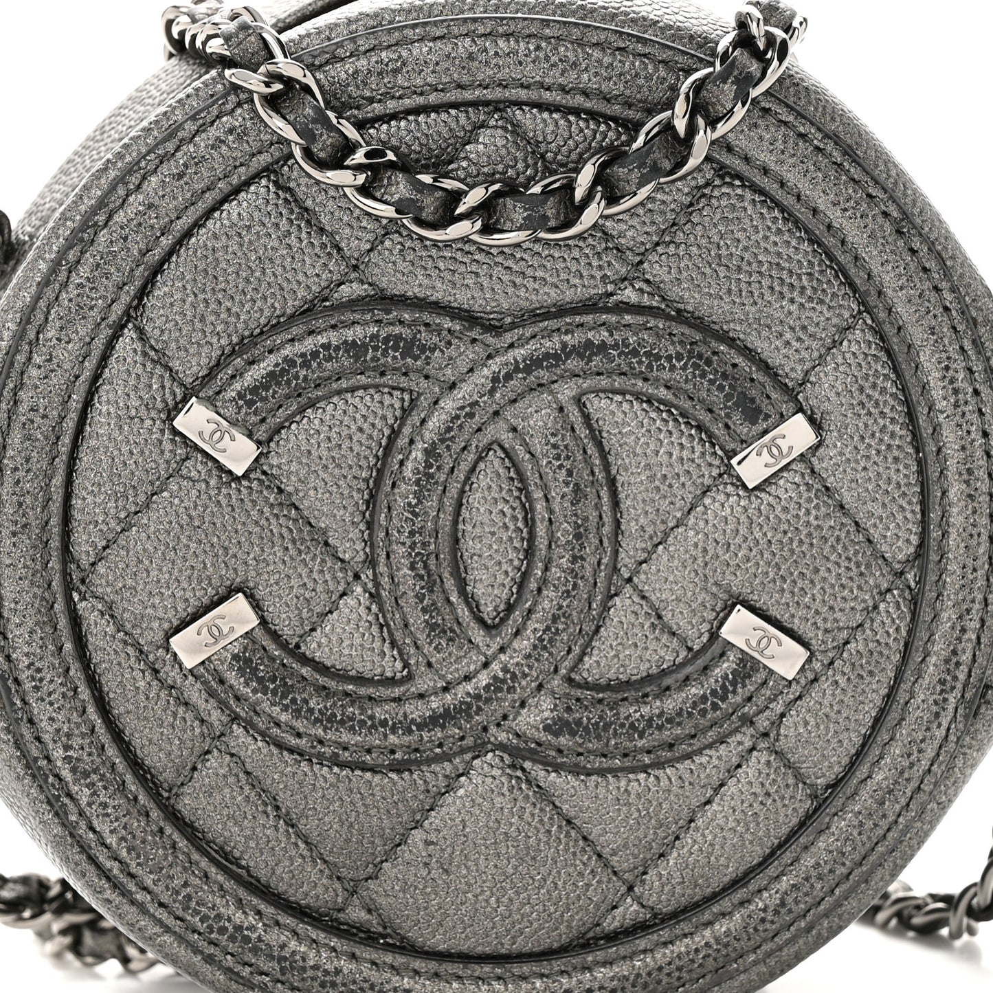 Metallic Caviar Quilted Round Filigree Crossbody Dark Silver