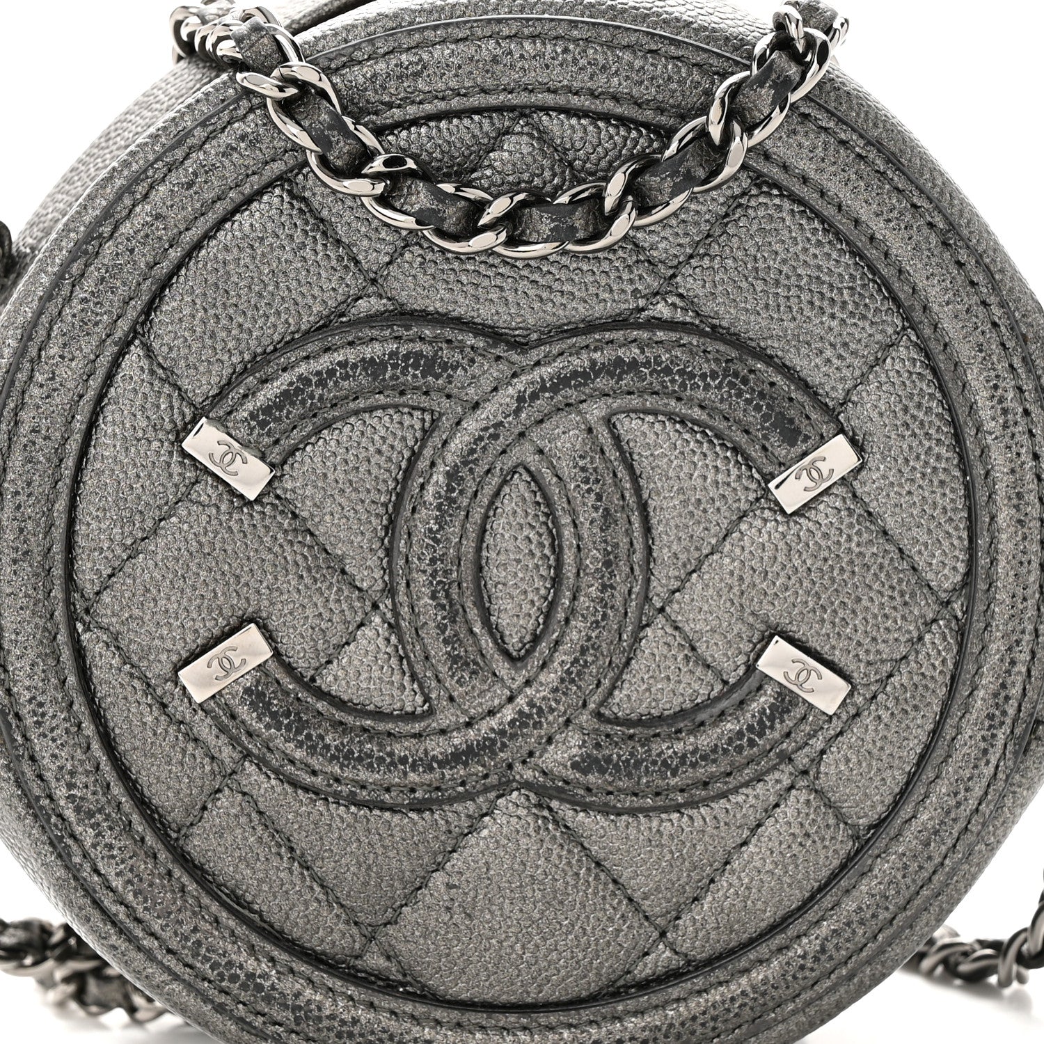 Chanel Metallic Caviar Quilted Round Filigree Crossbody Dark Silver 8 of 13