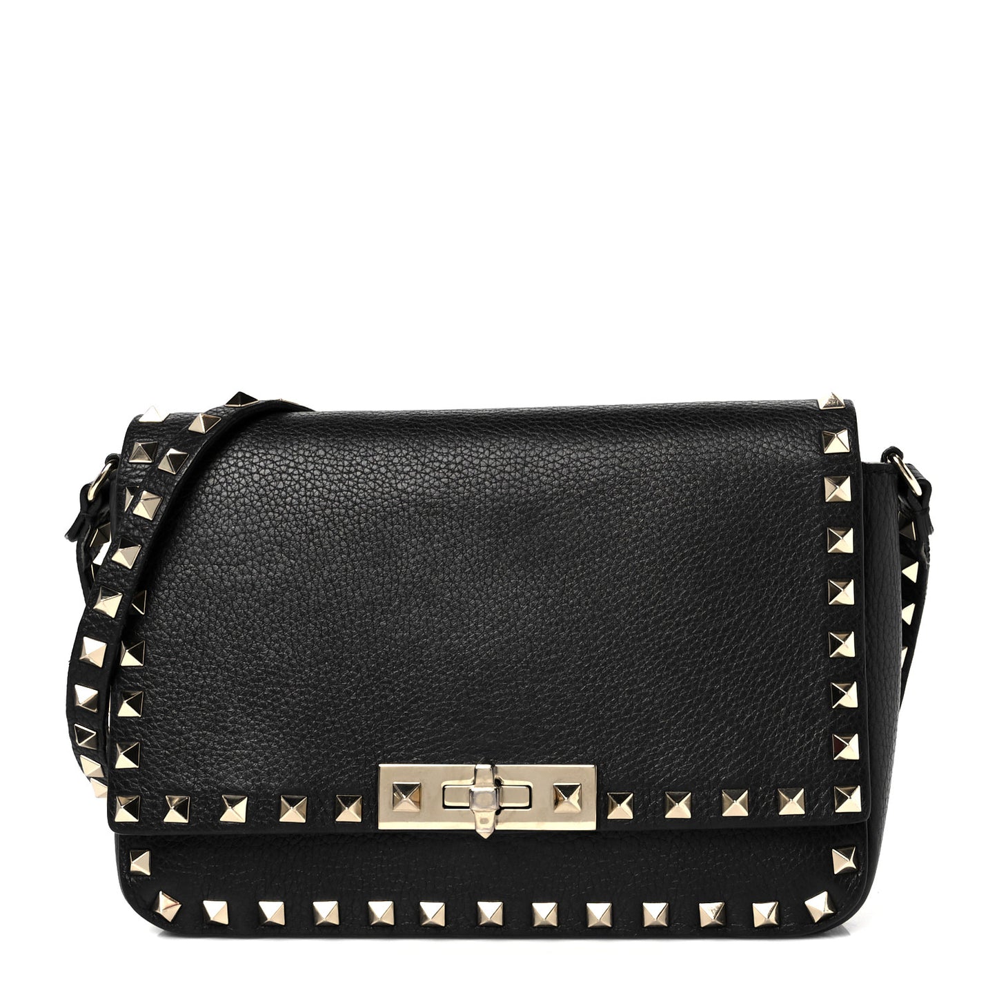 Pebbled Calfskin Small Rockstud Crossbody Flap Bag Black