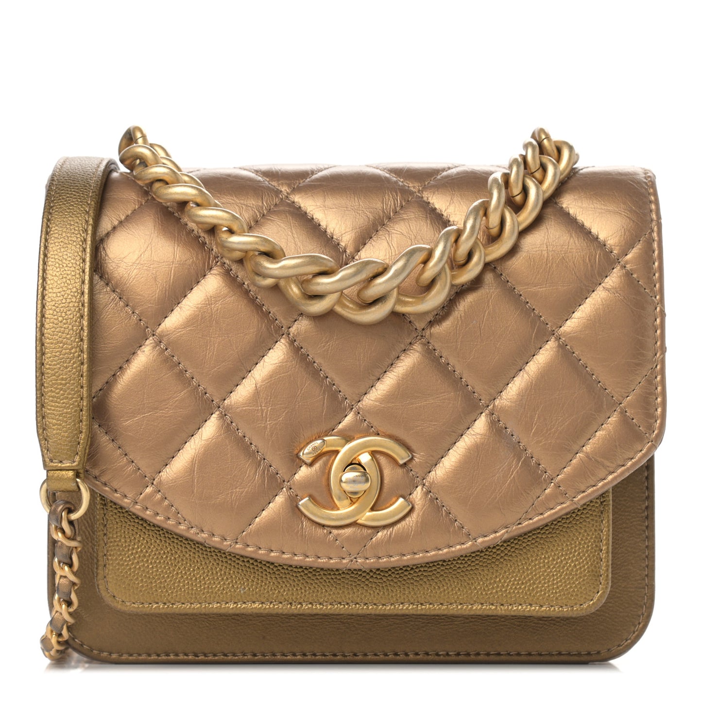 Metallic Calfskin Caviar Quilted Mini Chain Handle Flap Gold