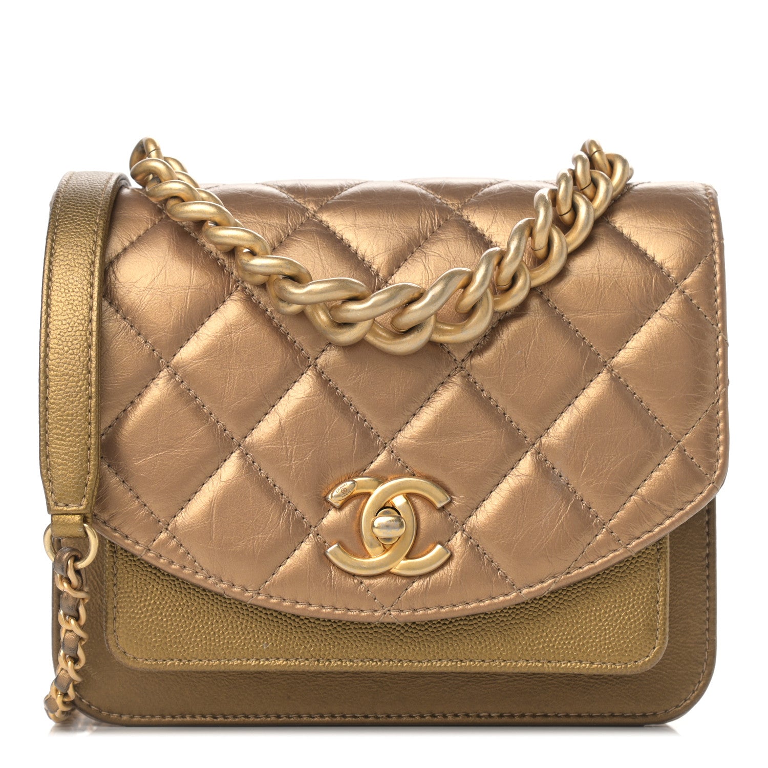 Chanel Metallic Calfskin Caviar Quilted Mini Chain Handle Flap Gold 1 of 12