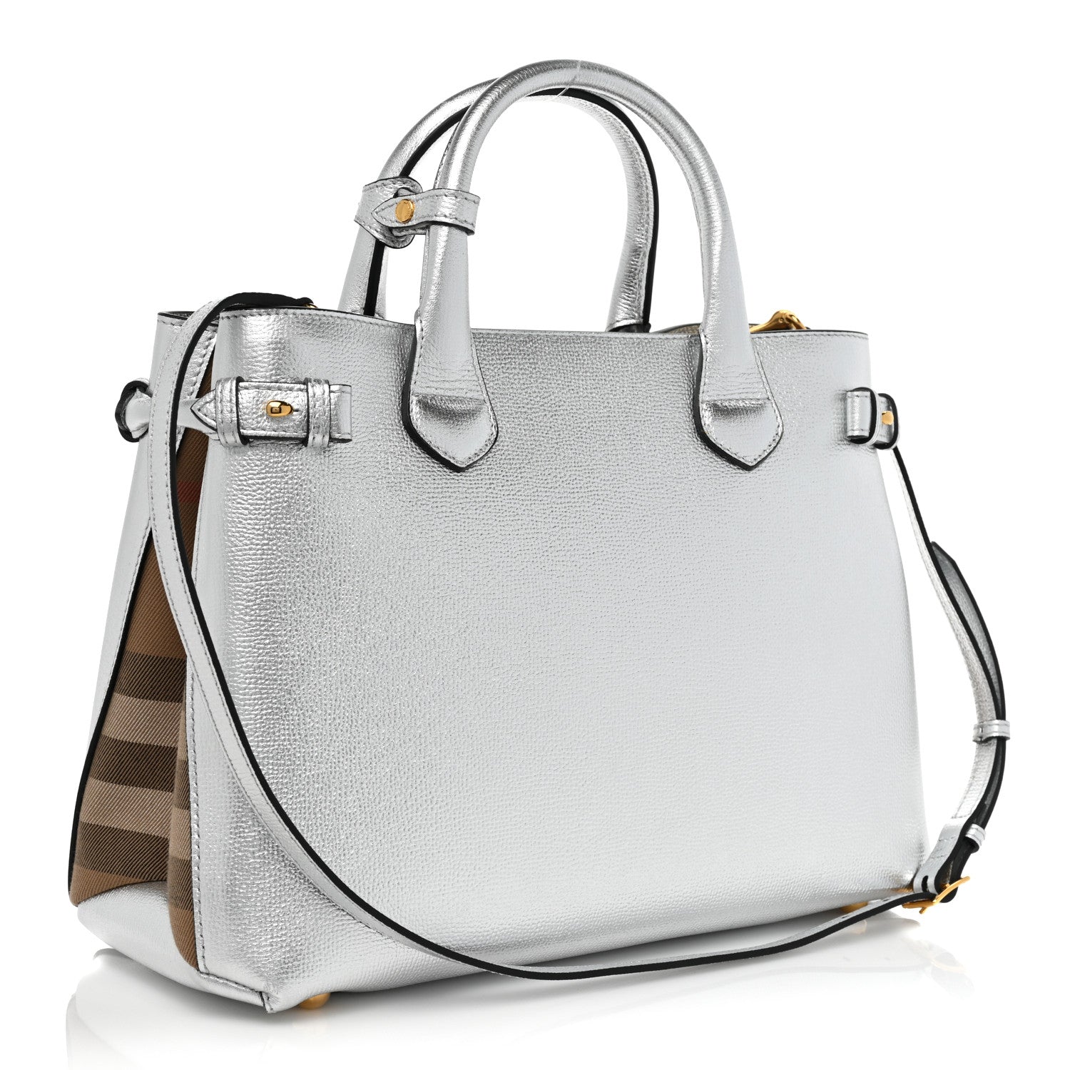 Burberry Metallic Grainy Calfskin House Check Medium Banner Tote Silver 3 of 11