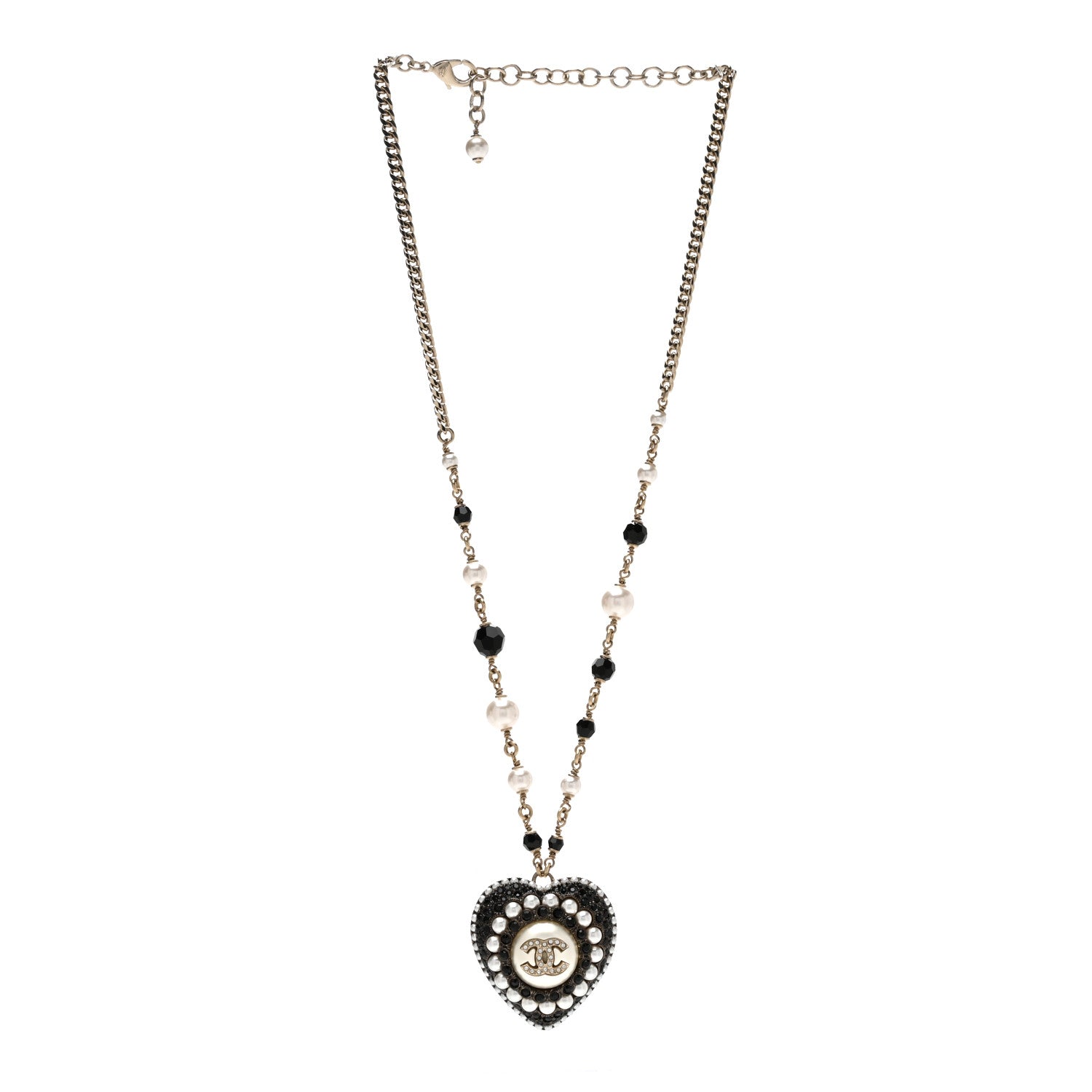 Chanel Pearl Bead Crystal CC Heart Necklace Gold Pearly White Black 3 of 4