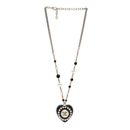 Chanel Pearl Bead Crystal CC Heart Necklace Gold Pearly White Black 3 of 4