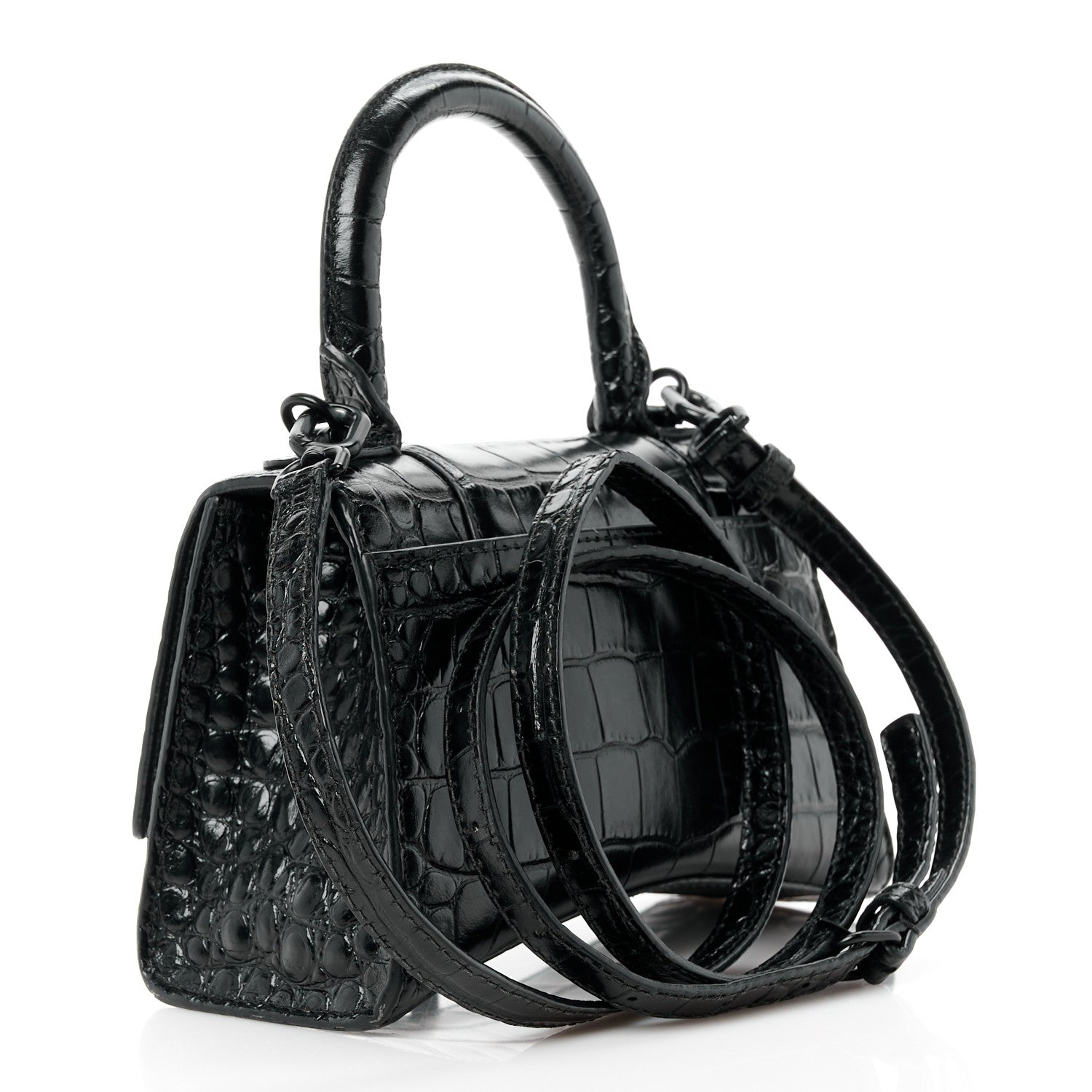 Balenciaga Shiny Calfskin Monochrome Crocodile Embossed Hourglass Top Handle Bag XS Black 3 of 10