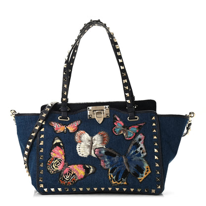Valentino Garavani Denim Butterfly Embroidered Small Rockstud Tote Light Denim Multicolor 1 of 8