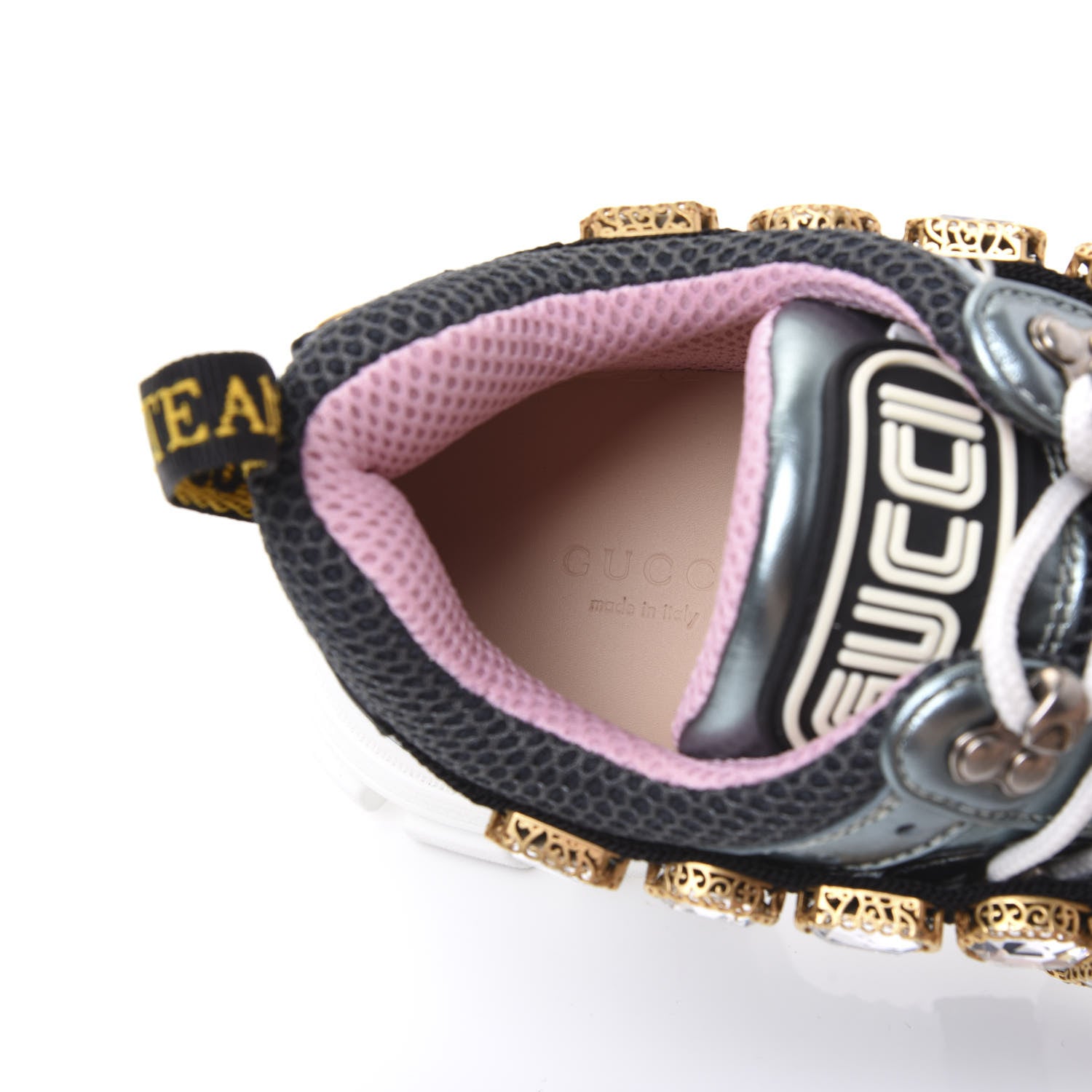 Gucci X SEGA Metallic Calfskin Removable Crystals Womens Flashtrek Sneakers 39 Lago Loess Silver 7 of 8