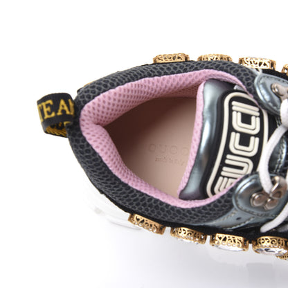 Gucci X SEGA Metallic Calfskin Removable Crystals Womens Flashtrek Sneakers 39 Lago Loess Silver 7 of 8