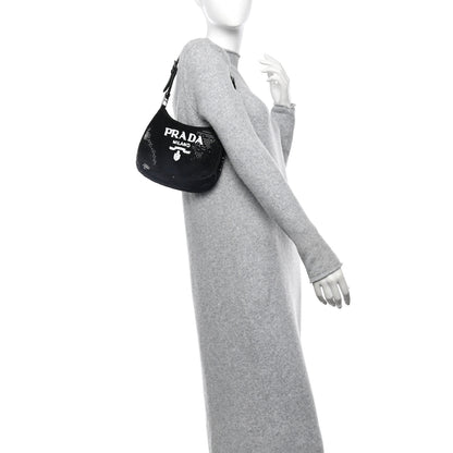 Prada Paillettes Sequin Logo Cleo Adjustable Strap Shoulder Bag Black White 3 of 12