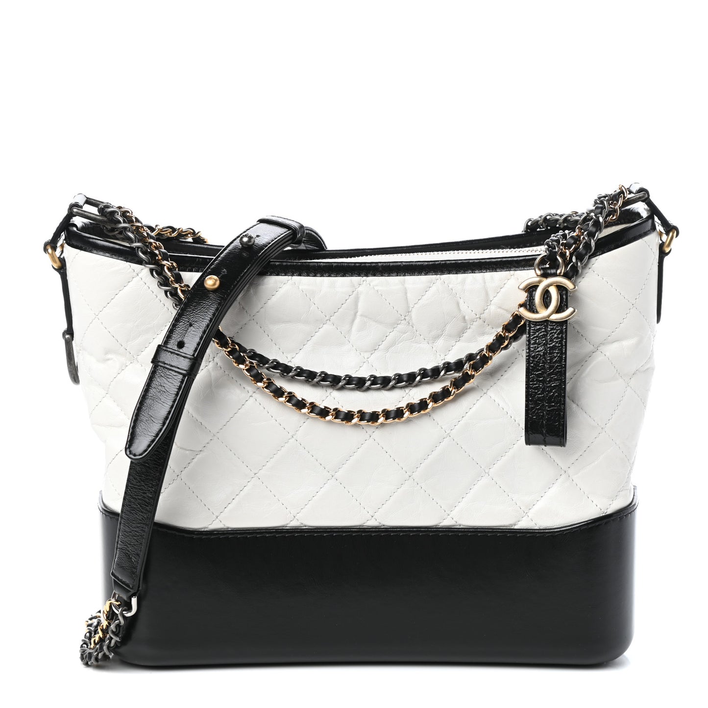 Aged Calfskin Quilted Medium Gabrielle Hobo Black White