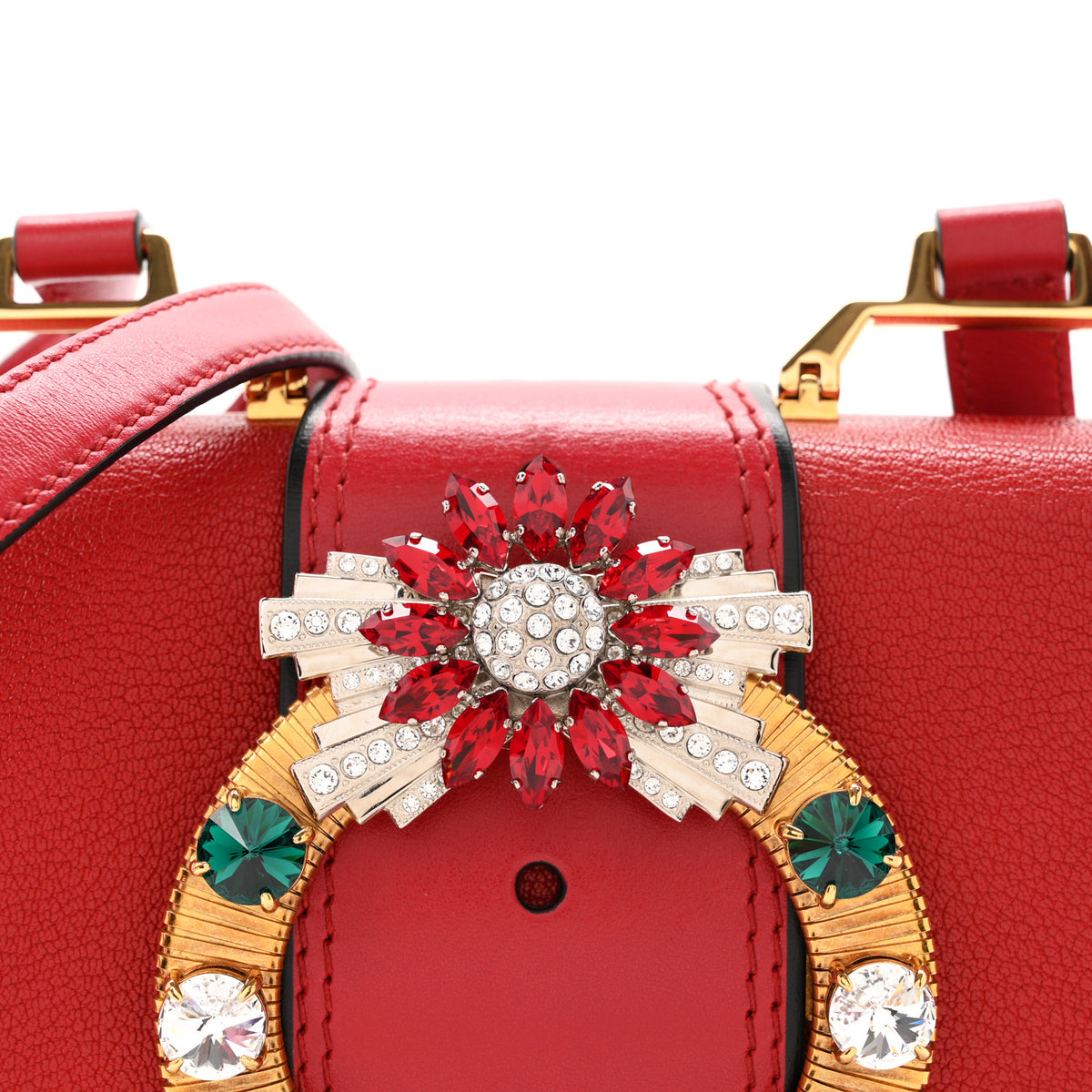 Miu Miu Goatskin Madras Soft Calf Crystal Embellished Shoulder Bag Red 9 of 11