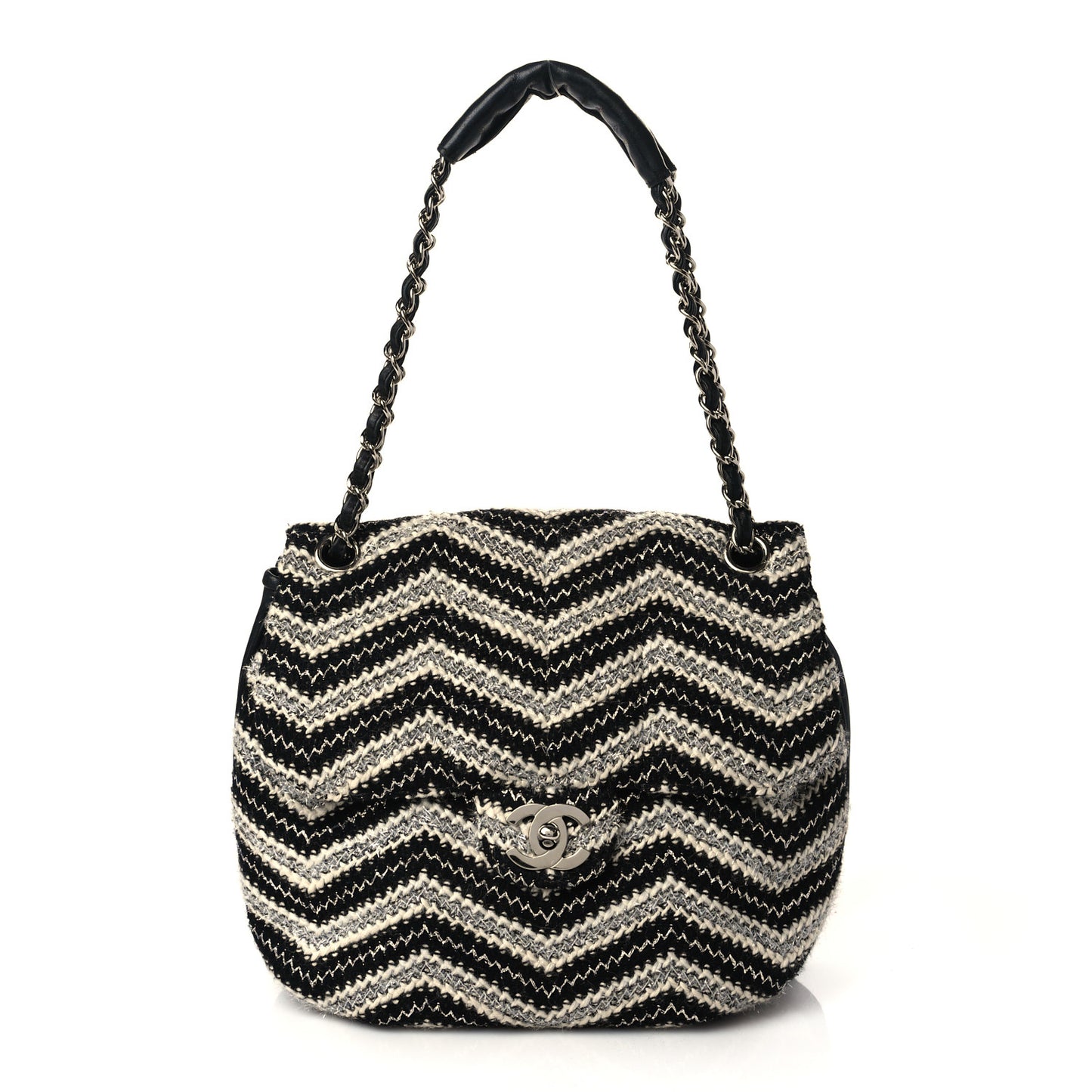 Tweed Chevron Medium Single Flap Black White